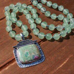 Pale Green Ruby in Fuchsite Hand Knot Beaded Necklace